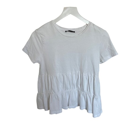 Zara White Tiered Peplum Short-Sleeve Cotton Blouse - Picture 1 of 3